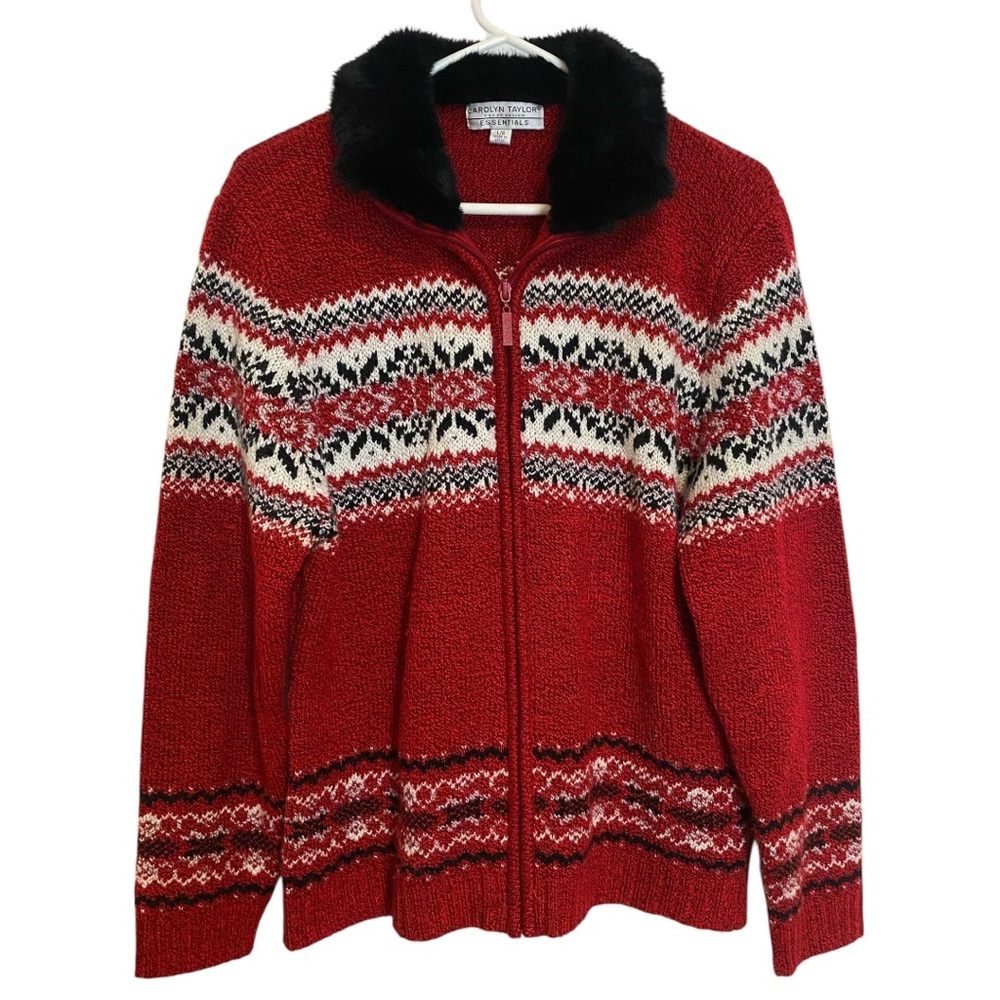 CAROLYN TAYLOR Red Fair Isle Sweater Faux Fur Collar Y2K Vintage Winter Holiday